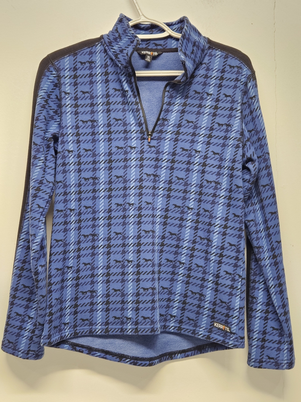 Kerrits Quarter Zip Pullover Fleece Womens XL Blue Plaid Horse Print Equestrian